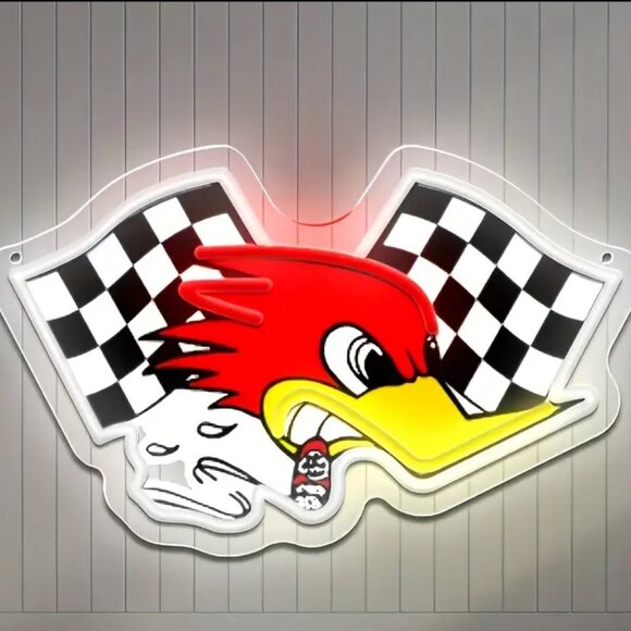 VIBRANT RED BIRD WITH CHECKERED FLAGS NEON LED SIGN - Picture 1 of 4